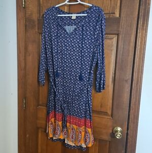 Faded Glory Navy Bohemian Long Sleeve Dress with Red & Yellow Border
